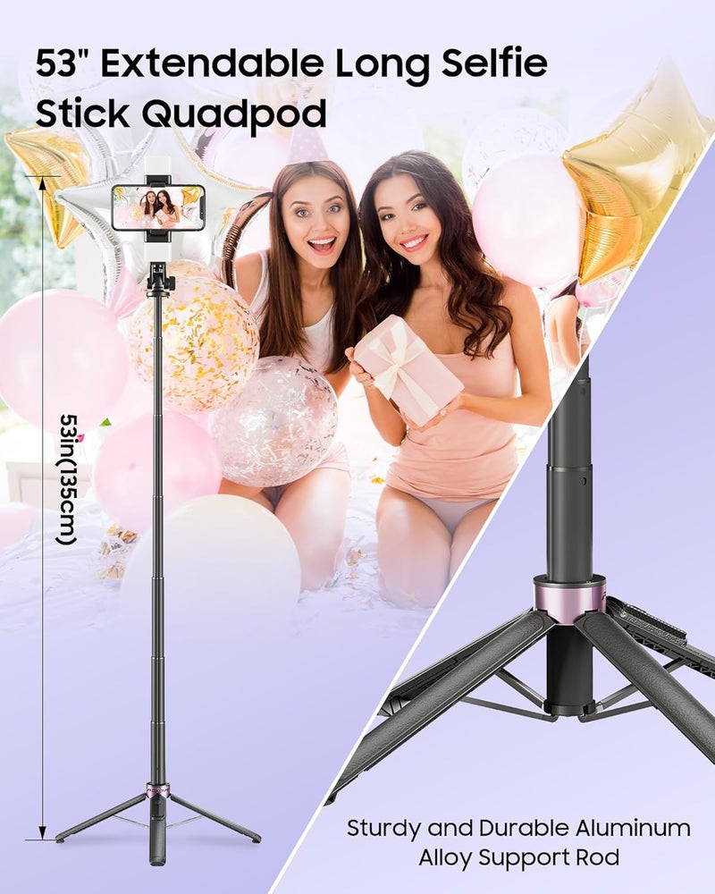 Aklima 53'' Selfie Stick Tripod with Light, Enhanced 4-Leg Cell Phone Stand Camera Tripod with Rechargeable Wireless Remote & 2 Fill Light, Portable Selfie Stick Travel Essentials for iPhone Android - Image 5
